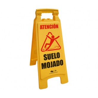 Panel-sandwich amarillo con mensaje bicolor "SUELO MOJADO"