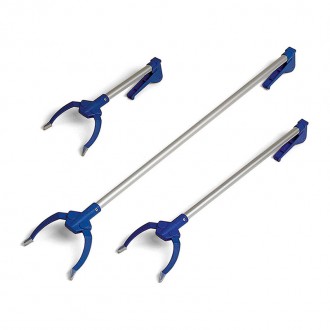 Pinza de aluminio para facilitar la recogida de cualquier elemento situado al suelo o en altura.